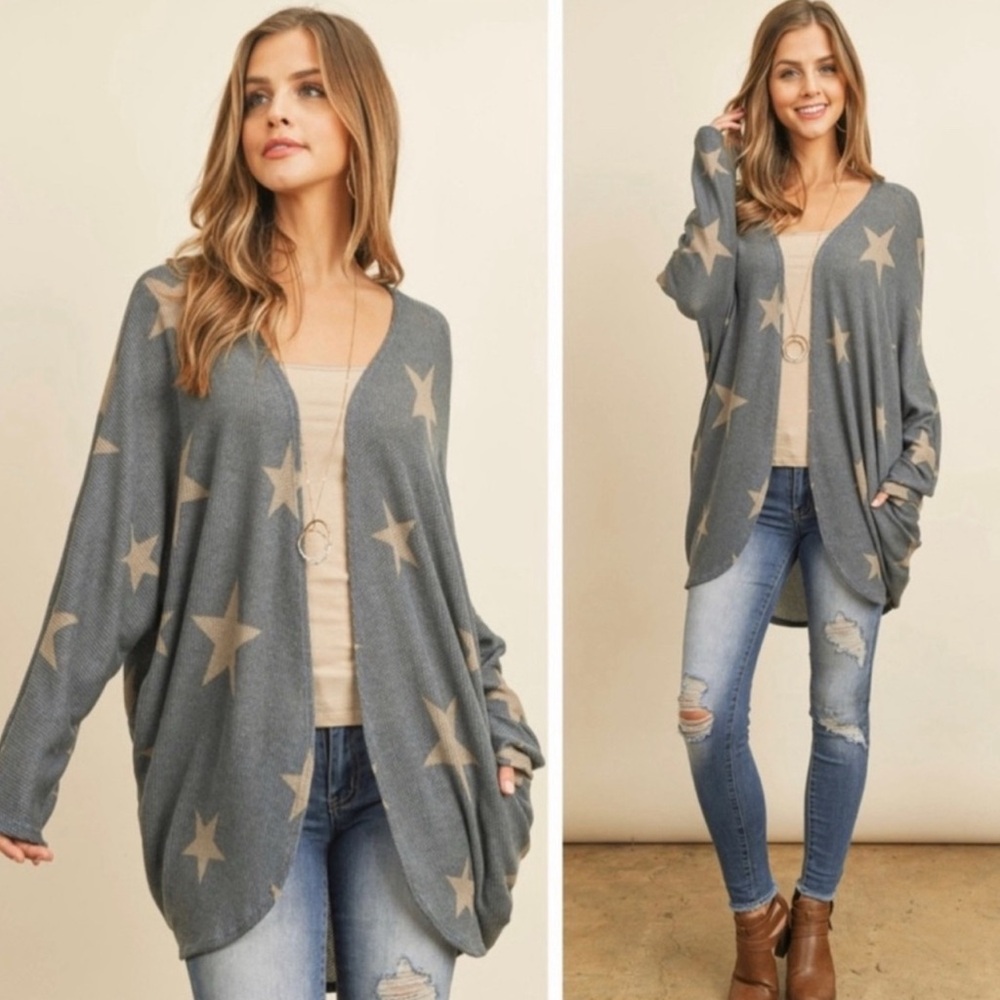 Star Patterned Gray Oversized Cardigan